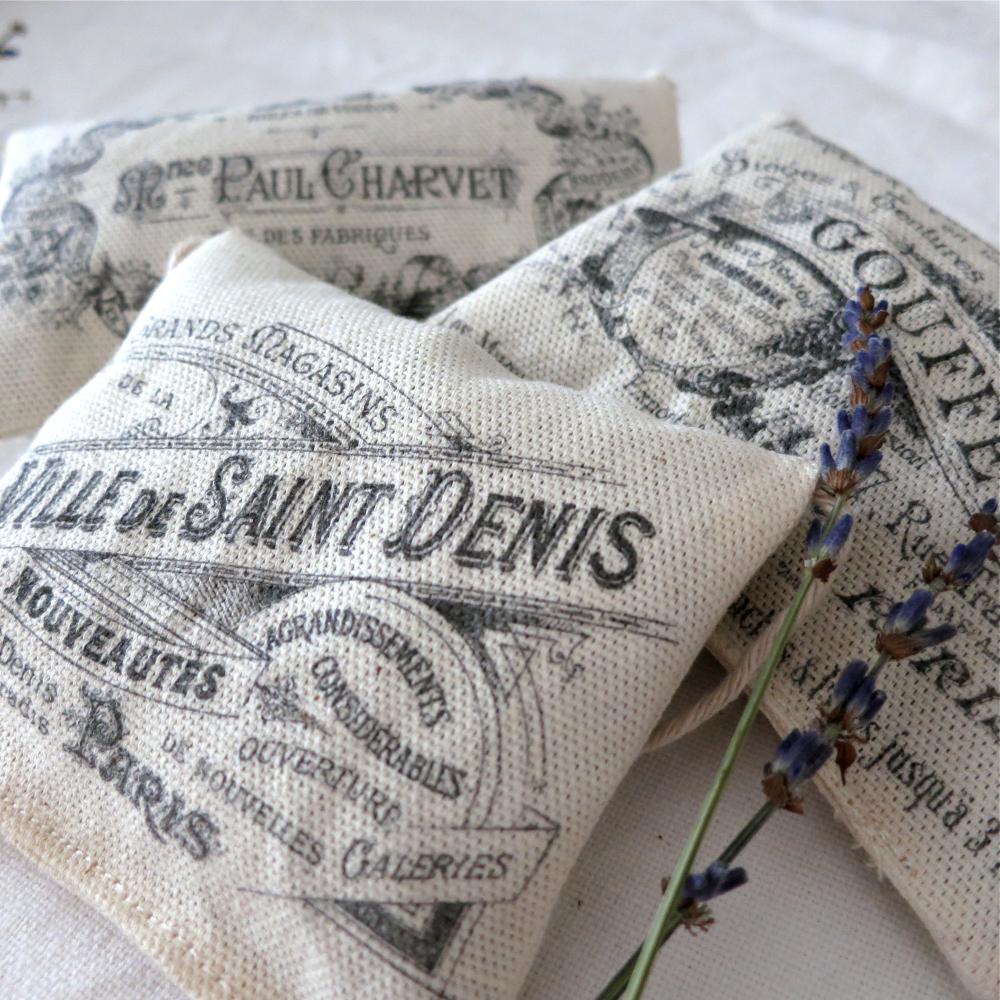 Set Of 3 Lavender Sachets Cushion Vintage French Prints Advert Label
